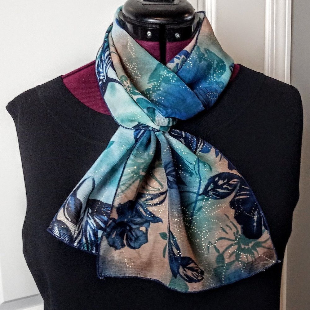 Teal Blue, Tan & Gold Dot Sheer Oblong Scarf
